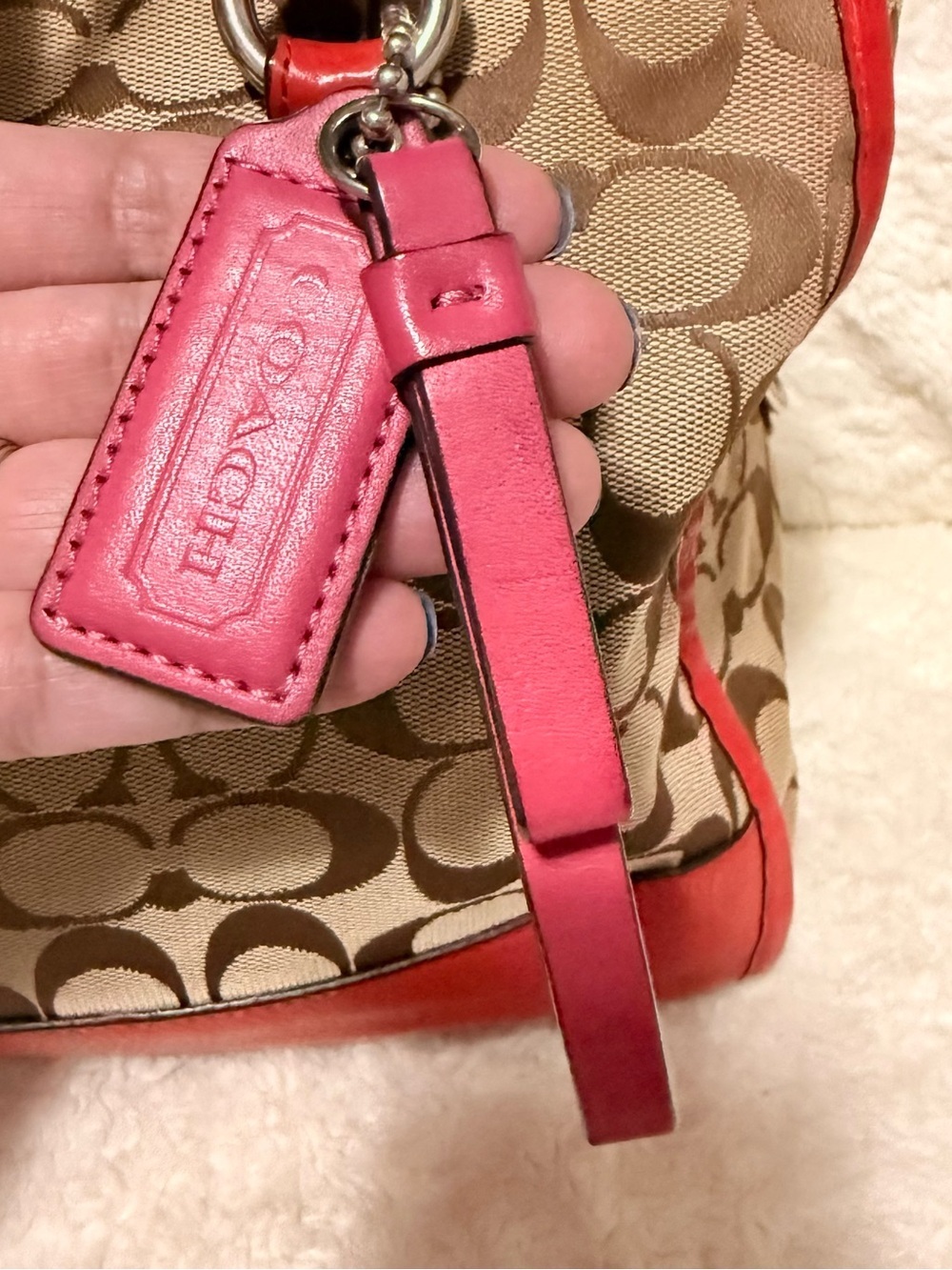 Coach Beige Signature Canvas Satchel with Red Leather Trim - Picture 11 of 16